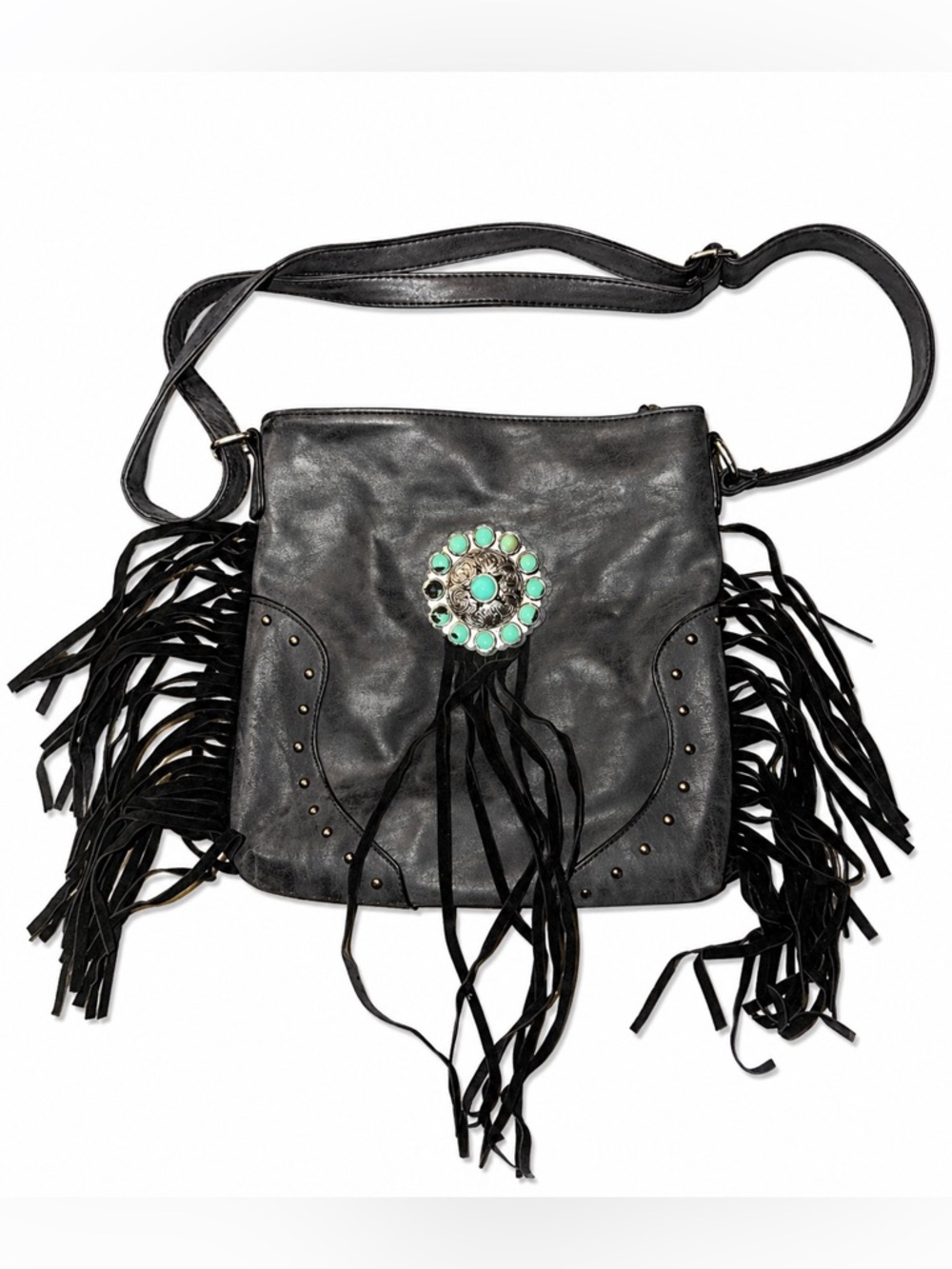 Heritage West Black Fringe Crossbody Purse NWT Western Boho Turquoise Concho Bag